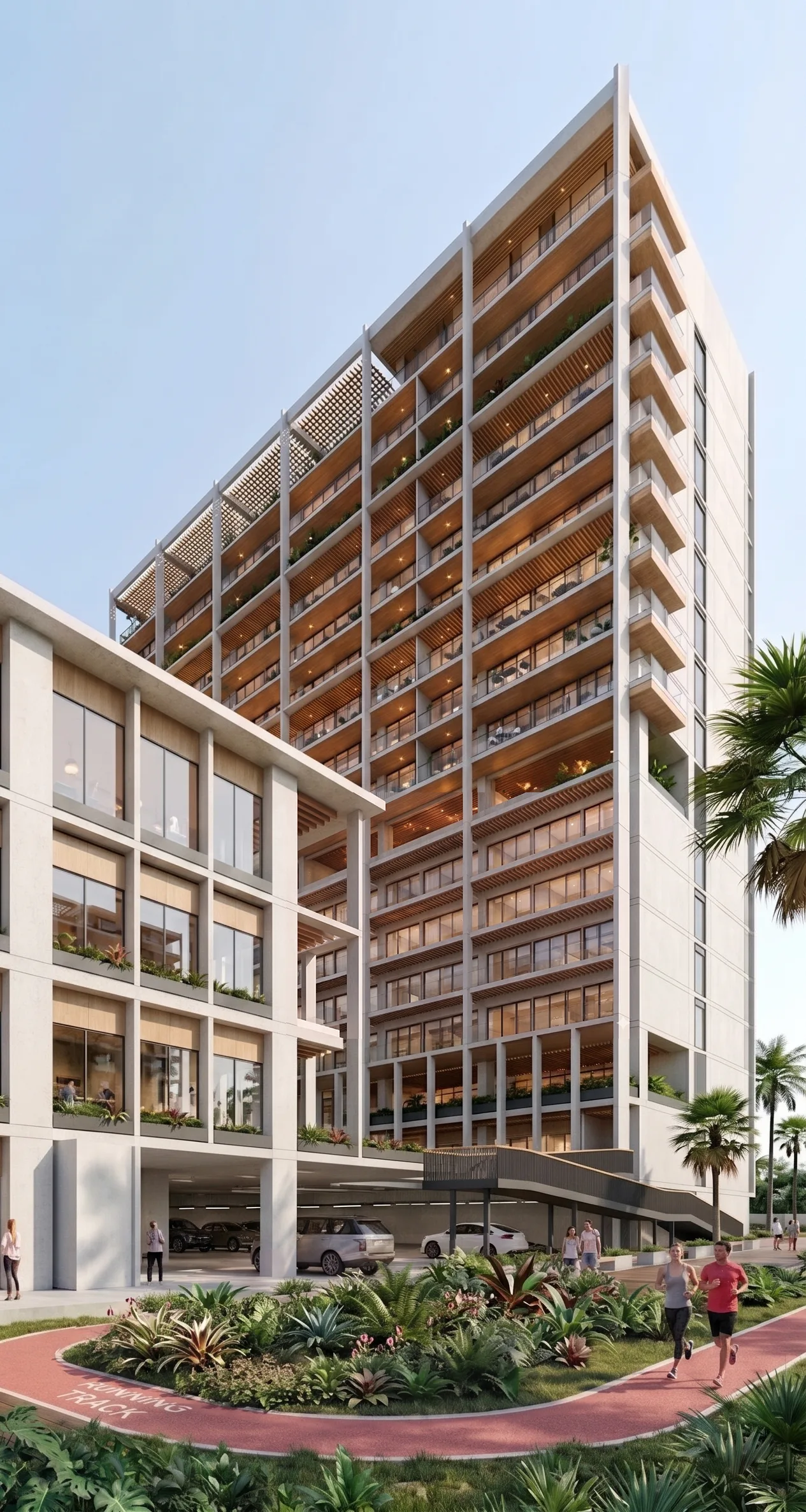 Fachada de Baalá desde el Andador Contoy: la torre de condos sobre el podio comercial, con vegetación y acceso techado.